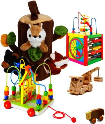 Деревянные игрушки в комбинации с мягкими.
